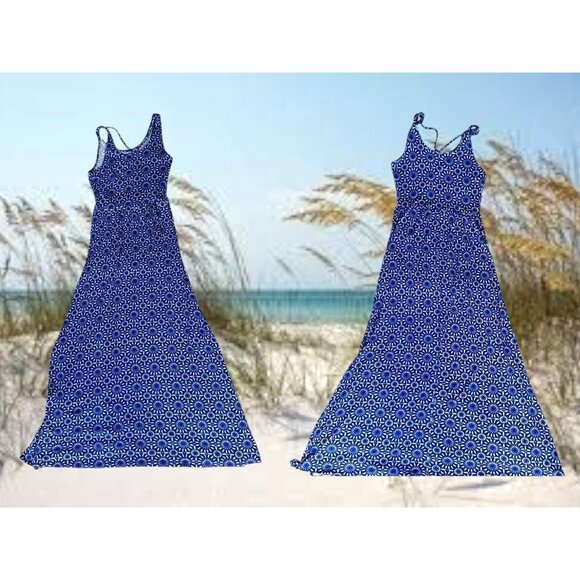 SO Maxi Dress Girls Sz M Blue White Floral Sleeveless Strappy Front Side Slits - Picture 4 of 12